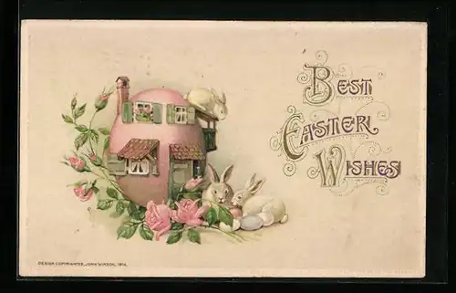 AK Osterhasen mit Osterei-Haus