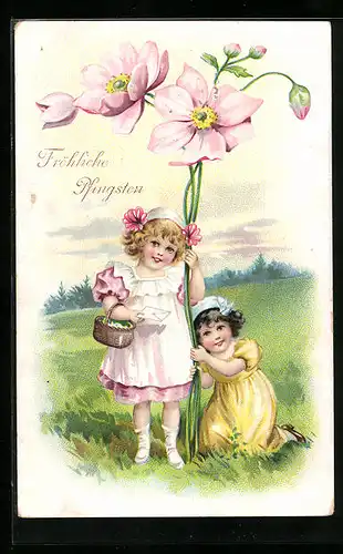 AK Zwei Mädchen stehen unter riesigen Blumen zu Pfingsten