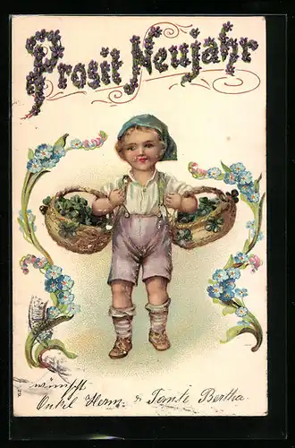 AK Junge bringt Körbe mit Glücksklee, Prosit Neujahr!