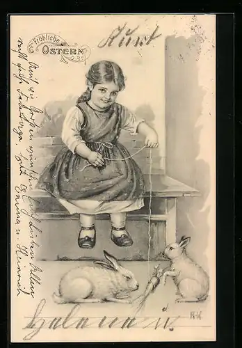 Künstler-AK R. Kratky: Mädchen füttert spielerisch zwei Osterhasen