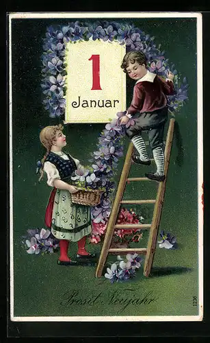 AK Junge auf der Leiter zu Neujahr, Kalenderblatt