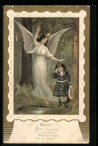 Lithographie Schutzengel behütet Kind, Verirrt