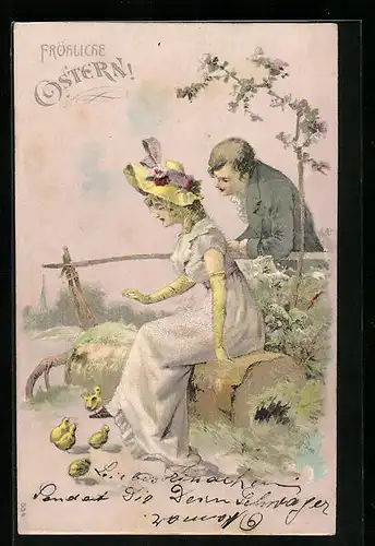 AK Pärchen mit Küken am Waldrand, Fröhliche Ostern, Osterküken