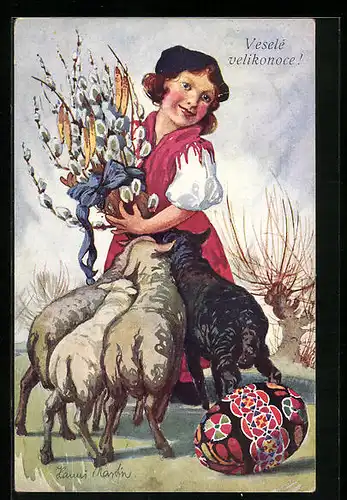 Künstler-AK Junge Dame mit Lämmern und Osterei