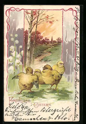 AK Osterküken und idyllische Landschaft