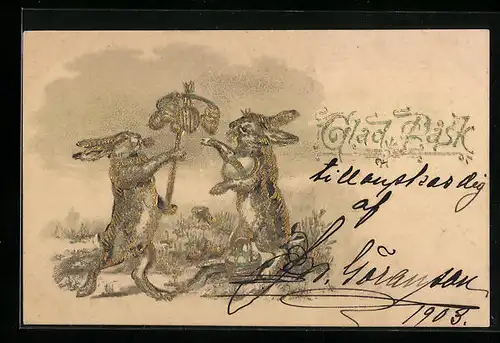 AK Tanzende Osterhasen mit Ostereiern