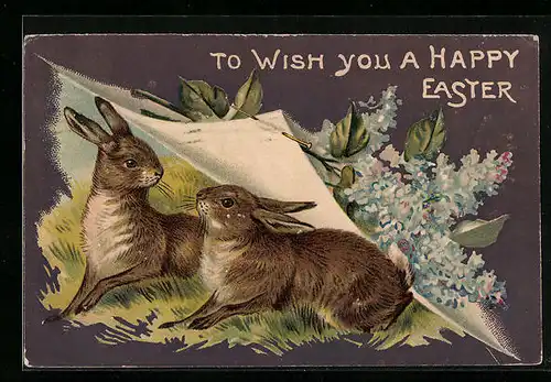 AK Osterhasen mit Fliederblüten
