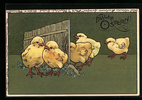 AK Fröhliche Ostern, Osterküken am Holzzaun