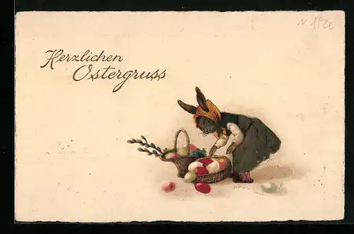 AK Osterhasen-Dame sammelt Ostereier ein