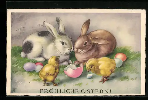 AK Osterhase und Osterküken, Fröhliche Ostern