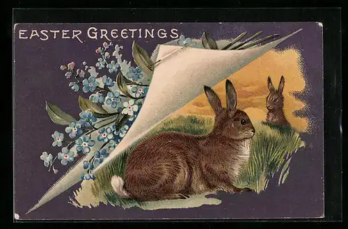AK Osterhasen im Grünen mit Vergissmeinnicht