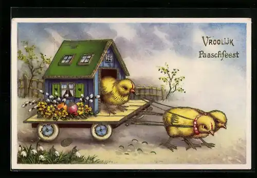 Künstler-AK Osterküken ziehen Wagen mit Häuschen