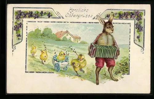 AK Osterhase mit Ziehharmonika, Osterküken im Marsch