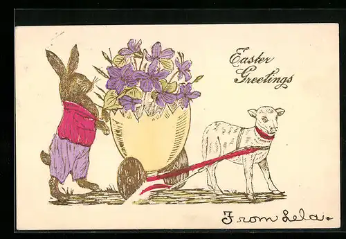 AK Osterhase mit Lamm und Eierschalen-Gespann