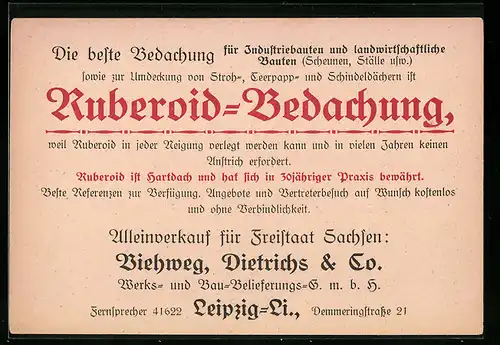 AK Leipzig, Dietrich & Co. Ruberoid-Bedachung, Viehweg, Werbekarte