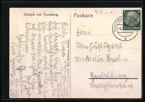 Künstler-AK Durlach, Ortsansicht mit Turmberg