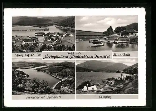 AK Heringhausen am Diemelsee, Diemelsee mit Sperrmauer, Strandhalle, Ortsansicht