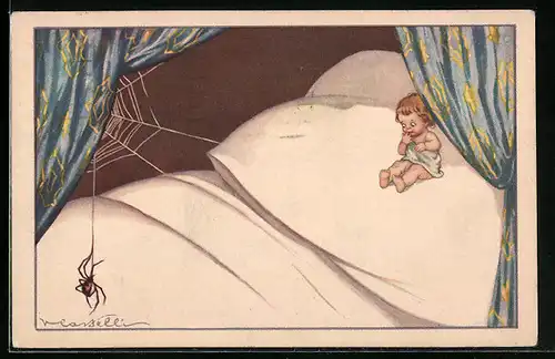 Künstler-AK Castelli: kleines Mädchen fürchtet sich im Bett vor einer Spinne am Spinnenetz