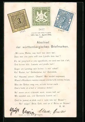 AK Abschied der württembergischen Briefmarken, Postgeschichte