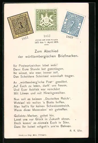 AK Zum Abschied der württembergischen Briefmarken, Postgeschichte