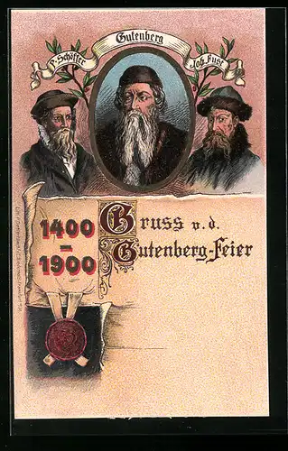 Lithographie Gutenberg-Feier 1900, Schöffer, Fust und Gutenberg