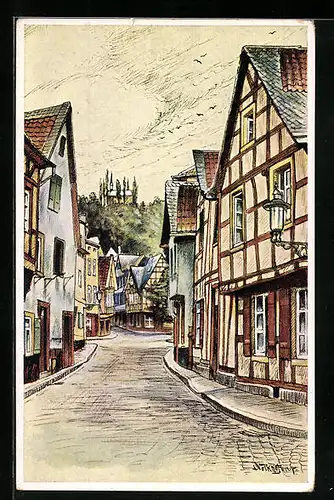 Künstler-AK Linz, Brüderstrasse mit Fachwerkhaus