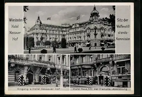 AK Wiesbaden, Hotel Nassauer Hof mit Blick auf den Eingang, Eingangsbereich des Hotels Rose