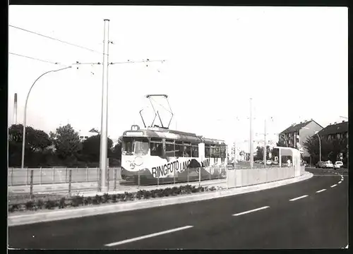 Fotografie P. Boehm, Ansicht Braunschweig, Strassenbahn-Triebwagen der Linie 5 mit Reklame Bingfoto Lange