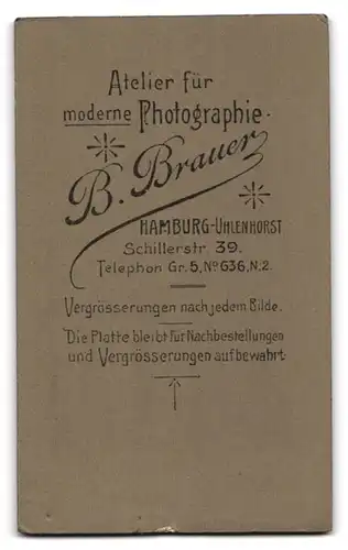 Fotografie B. Brauer, Hamburg-Uhlenhorst, Schillerstrasse 39, Ernster Jüngling mit Oberlippenbart und Krawatte