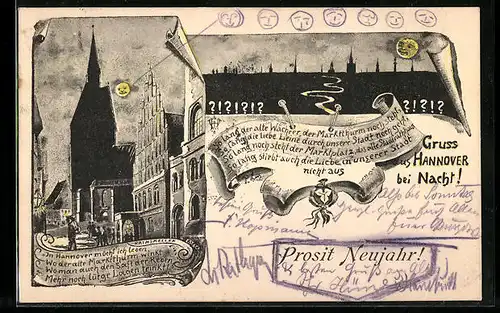 Künstler-AK Hannover, Strassenpartie und Teilansicht bei Nacht, Neujahrsgruss