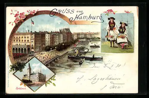 Lithographie Hamburg, Partie am Ufer, Rathaus, Trachten