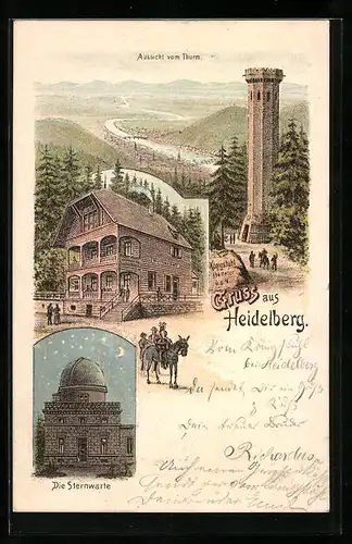 Lithographie Heidelberg, Königsstuhl, Sternwarte, Turm