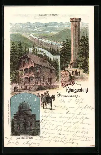 Lithographie Heidelberg, Turm, Gasthaus und Sternwarte auf dem Königsstuhl