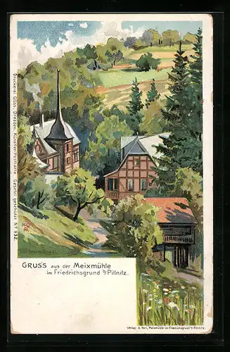 Lithographie Dresden-Pillnitz, Gasthaus Meixmühle im Friedrichsgrund