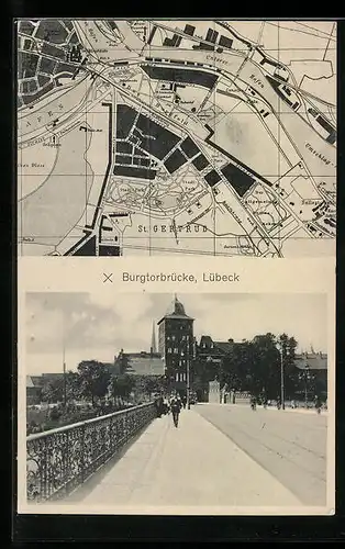 AK Lübeck, Burgtorbrücke, Landkarte mit Burgfeld, Stadt-Park und Falkendamm