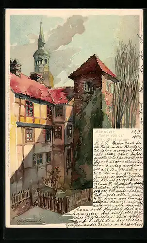 Künstler-Lithographie Otto Hammel: Hannover, Motiv von der alten Stadtmauer