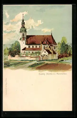 Künstler-AK Reichenau, Die Evangelische Kirche des Ortes