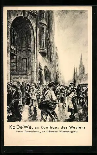 Künstler-AK Berlin-Schöneberg, Leute strömen in das KaDeWe, Tauentzienstrasse