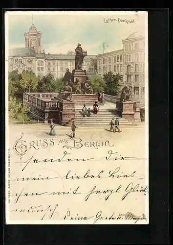 Lithographie Berlin, Partie am Luther-Denkmal, Neuer Markt