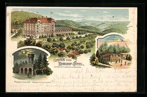 Lithographie Heidelberg, Kohlhof-Hotel, Aussichtsturm Posselt`s Lust