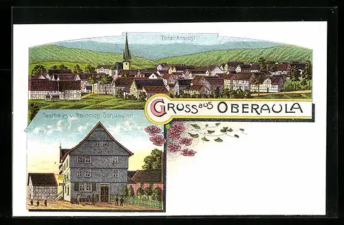 Lithographie Oberaula, Gasthaus von Heinrich Schüssler und Totale