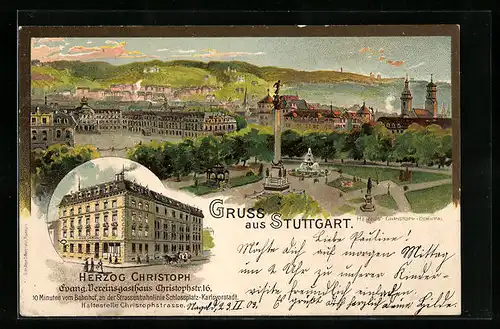 Lithographie Stuttgart, Evangelisches Vereinsgasthaus Herzog Christoph, Christophstrasse 16, Ortspartie mit Denkmal