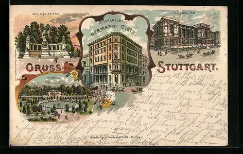 Lithographie Stuttgart, Waarenhaus Hermann Tietz, Neue Bibliothek, Wilhelma