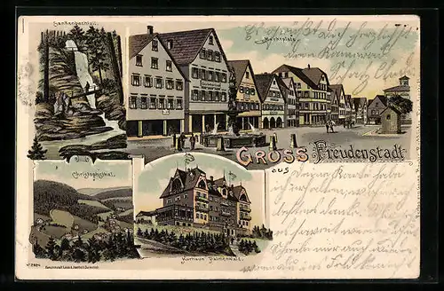 Lithographie Freudenstadt, Kurhaus Palmenwald, Christophsthal, Sankenbachfall, Marktplatz