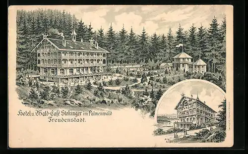 Lithographie Freudenstadt, Hotel und Wald-Cafe Stockinger im Palmenwald, Alb-Ansicht