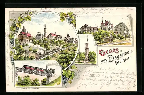 Lithographie Degerloch-Stuttgart, Viadukt, Gasthäuser