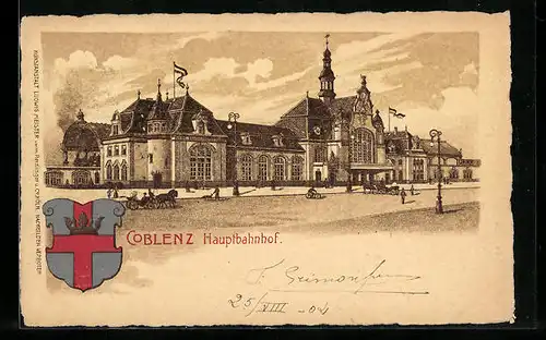 Lithographie Coblenz, Hauptbahnhof, Wappen