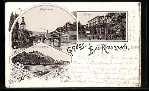Lithographie Bad Kreuznach, Nahebrücke, Curhaus, Münster am Stein