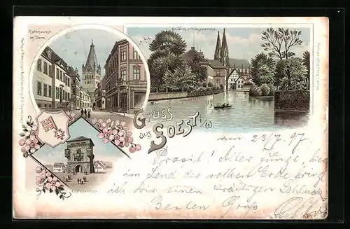 Lithographie Soest i. W., Gr. Teich mit Wiesenkirche, Rathhausstrasse mit Dom, Osthofenthor