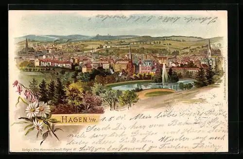 Lithographie Hagen i. W., Panoramablick auf die Stadt